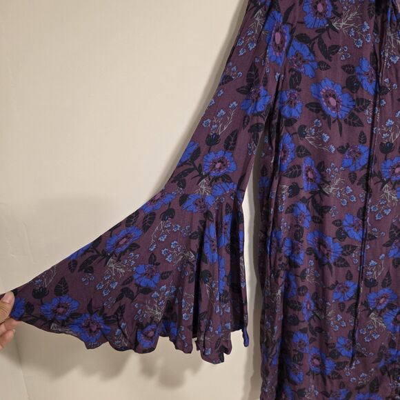 Free People Magic Mystery Tunic Top Dress XS Purple Floral Bell Sleeve Tie Neck - Picture 11 of 11
